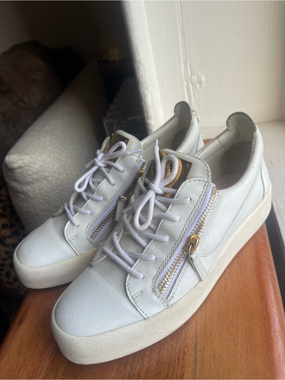 Giuseppe Zanotti White Leather Platform Sneakers with Gold Zippers